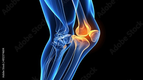 An X-ray blue of a knee with the knee joint highlighted in yellow ,MRI scan of a human knee joint, showing the bones and ligaments.