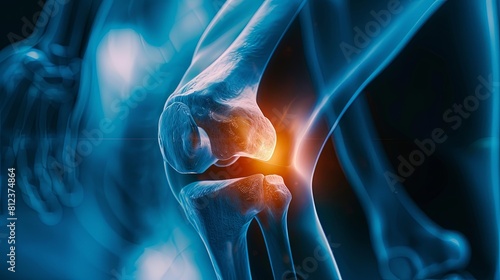 An X-ray blue of a knee with the knee joint highlighted in yellow ,MRI scan of a human knee joint, showing the bones and ligaments.