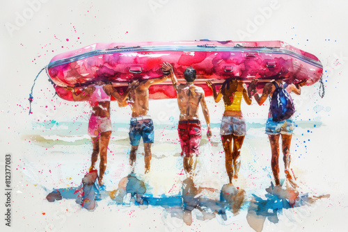 Pink watercolor paint of people teamwork carrying inflatable boat