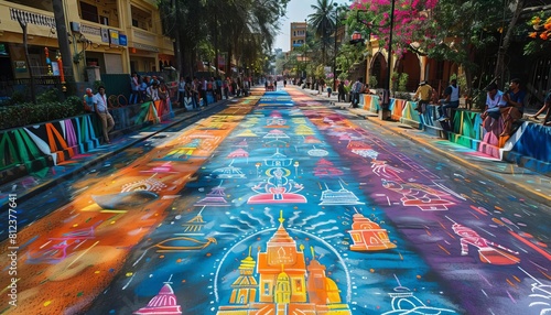 A chalk art Rath Yatra, where the entire scene is drawn in vibrant chalk on a city street, viewed from above