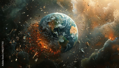 A chilling scene of Earth being bombarded with trash from space, covering continents with waste