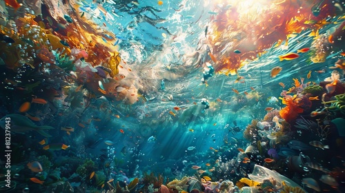 A concept of designer microbes that digest plastic waste in the ocean, illustrated in a dynamic, colorful underwater setting