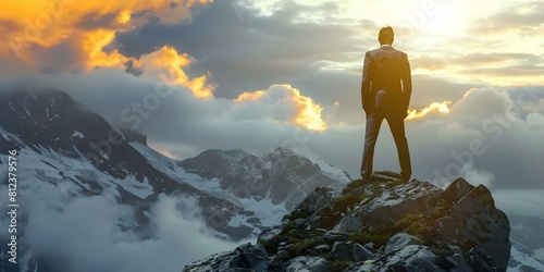 Successful businessman in suit conquers mountain peak symbolizing determination and ambition. Concept Business Success, Mountain Peak, Determination, Ambition, Conquering Challenges
