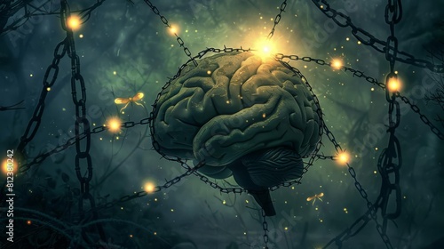 A conceptual art scene of a brain encircled by barbed wire chains, with fireflies illuminating it