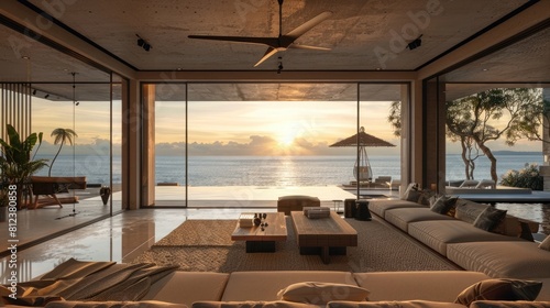 Luxurious oceanside living room with sunset and Japandi style