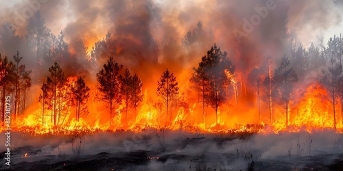 A massive forest fire consumes pine groves destroying trees and spreading smoke. Concept Natural disasters, Forest fires, Environmental destruction, Impact of wildfires