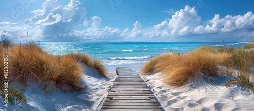 wooden boardwalk on sandy beach near the sea in summer