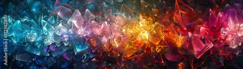 Vibrant digital artwork of multicolored, abstract crystal formations, ranging from cool blues to warm reds.