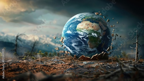 A closeup of a cracked globe representing the Earth, surrounded by barren desert landscapes and an array of dead trees