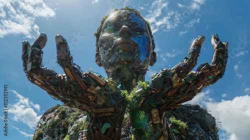 A creative depiction of Earth cradled in the hands of a giant figure made from recycled materials, symbolizing protection and sustainability