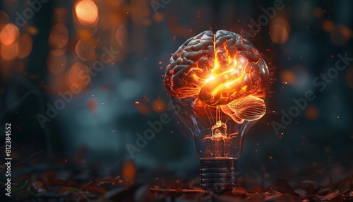 A creative portrayal of a brain as a light bulb, with the filament shaped like a cerebral cortex, glowing brightly