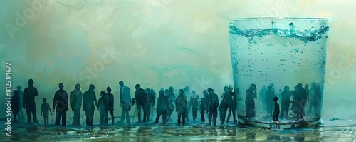 A creative portrayal of people as water in a glass, slowly filling up to the brim, depicting population pressure