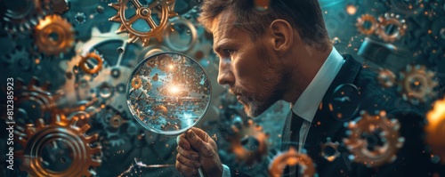 A dark, atmospheric image of a businessman looking through a magnifying glass, revealing hidden gears in everyday objects