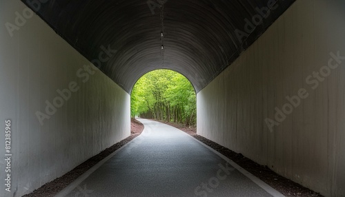 A tunnel with a path going through, light and green forest trees is seen at the end. Depicting the concept of hope or expectation.