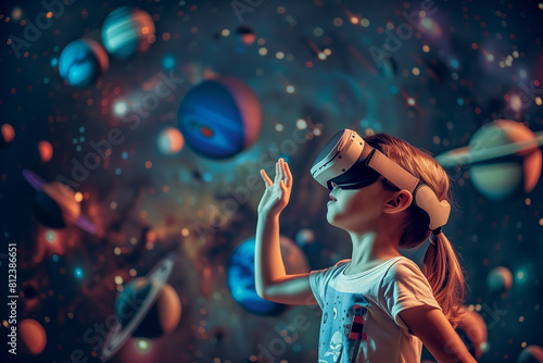 Child girl wearing virtual reality headset and looking solar system with sun and planets. Technology concept.