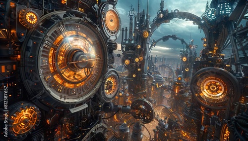 A detailed portrayal of a futuristic Earth with cities that function like parts of a clock, gears turning synchronously