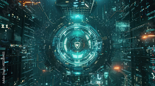 Immerse yourself in the world of cybersecurity with a visually compelling depiction featuring a digital shield emblem surrounded.