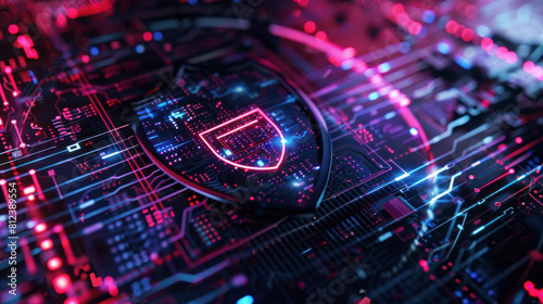 Immerse yourself in the world of cybersecurity with a visually compelling depiction featuring a digital shield emblem surrounded.