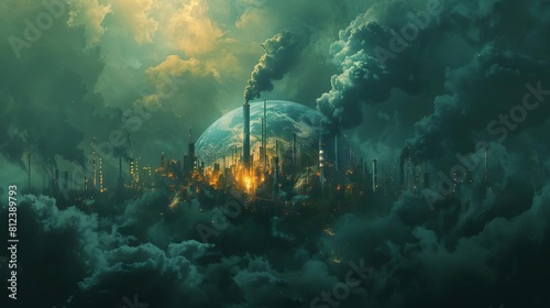 A digital artwork of Earth surrounded by factory smokestacks, with smoke clouds forming a suffocating cage