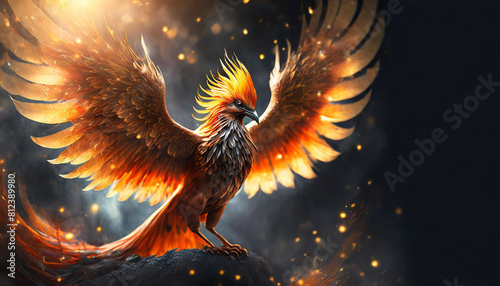 Phoenix bird spreads its wings in a fantastical, magical black background