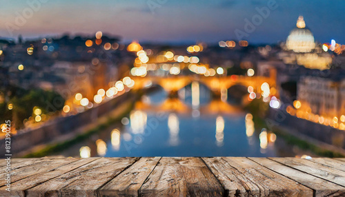 Empty wooden table against blurred night view of Rome for product display