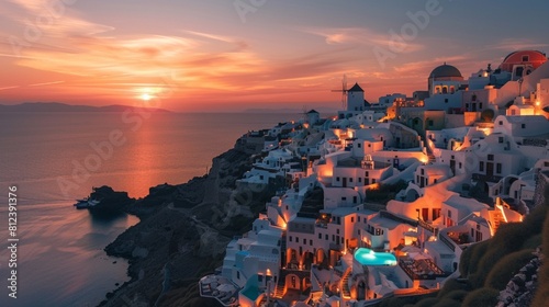 Night lights after sunset at Santorini island, Greece.