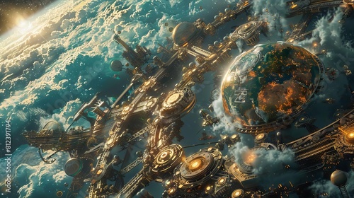 A dramatic scene of a geardriven Earth orbiting in a clockwork solar system, each planet interconnected with cosmic machinery