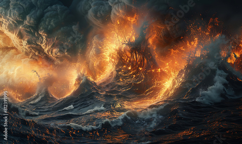 The Existence of Climactic Moment Elements in the Battle Between Fire and Water, Depicted in Epic Illustrations. Generative Ai