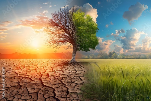 Contrast between dry cracked land and lush green grass, climate change, environmental protection, global warming, ecology and environment day concept
