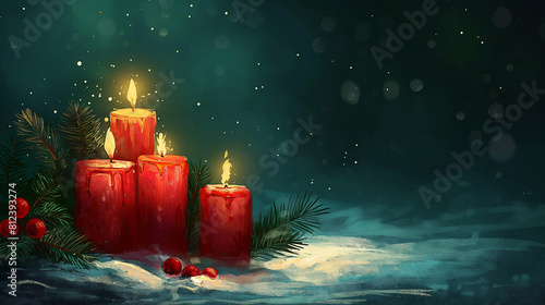 Christmas Banner of candles and xmas ornament, Pine-cones And green Spruce Branches minimal background and lights in the back, with empty copy space
