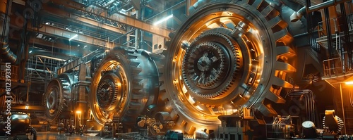 A dynamic scene in an industrial plant where large gears turn powered by massive electric generators