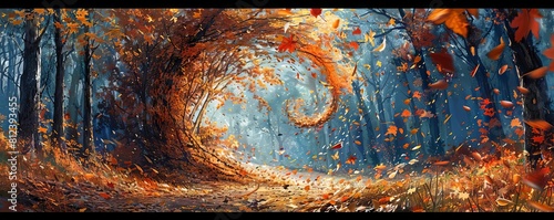 A dynamic scene of wind lifting colorful autumn leaves, forming a swirling vortex that towers above a forest