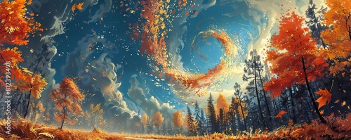 A dynamic scene of wind lifting colorful autumn leaves, forming a swirling vortex that towers above a forest