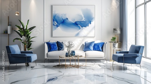 interior design,Contemporary Living Room Interior with Blue and White Decor 3d rendering