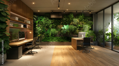  Modern office designed with sustainability in mind, featuring eco-friendly materials, green plants for improved air quality