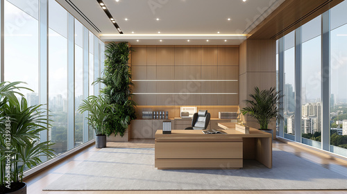  Modern office designed with sustainability in mind, featuring eco-friendly materials, green plants for improved air quality