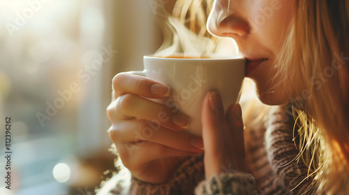 Woman savors aroma of hot coffee, holding cup, wearing white turtleneck, closeup side profile portrait