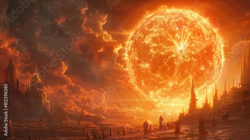 A fantasy scene where the sun is a giant glowing orb held aloft by statues, channeling solar energy to the ground below