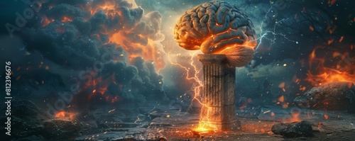 A fantasy view of a brain chained to an ancient stone pillar, crackling with electricity as fire burns around it