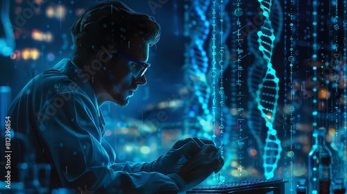 Portray a scientist studying CRISPR technology to edit the genes of a human embryo in a controlled lab environment