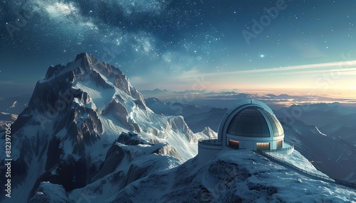 Portray a telescope observatory perched atop a mountain peak, providing astronomers with a clear view of the night sky above the Earths atmosphere
