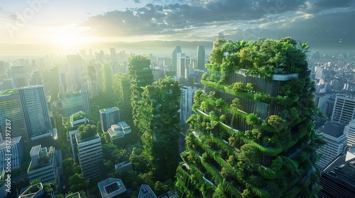 A futuristic cityscape with buildings integrated with green living walls and white solar roofs