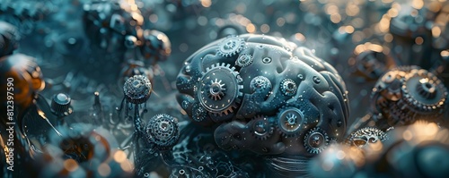 A futuristic image of a brain where traditional gray matter is replaced with shining metallic gears