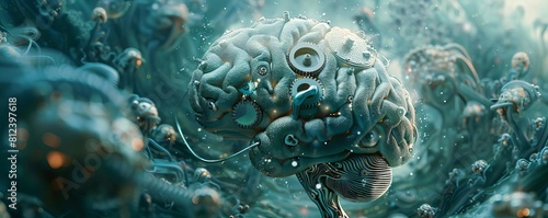 A futuristic image of a brain where traditional gray matter is replaced with shining metallic gears