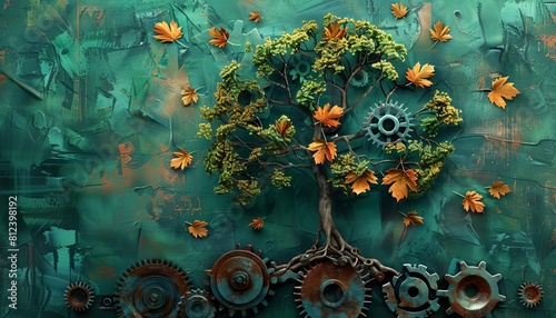 A gear system that forms the branches of a tree, with leaves sprouting from each cog