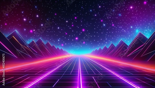 Synthwave vaporwave retrowave cyber background with copy space, laser grid, starry sky, blue and purple glows with smoke and particles. retro background 