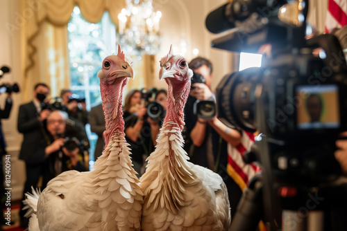 Two majestic turkeys strut at a reception house press conference amid applause, adorned with red crowns, evoking Macy's Thanksgiving Day spirit