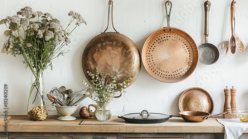 A vintage copper colander hanging on a white wall, doubling as a decorative piece and functional kitchen tool.