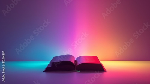 A minimalist art piece featuring a stark white table with a single black book opened in the center. A vibrant neon rainbow aura erupts from the book of knowledge. 