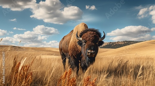 a buffalo grazing on a prairie